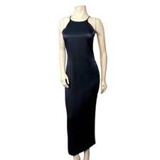 90s Vintage Tempo Paris Maxi Dress Womens Navy Blue Satin Halter 90s Chic
