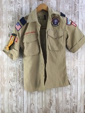 BSA Boy Scouts Uniform Shirt Youth Small Beige Short Sleeve Button Up Patched