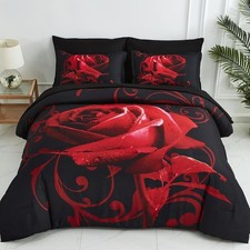 Red Comforter Set King 7 Piece Bed in a Bag Red Rose Flower Comforter with Sh...