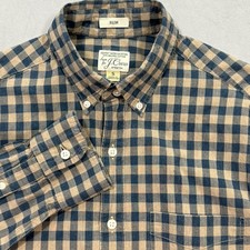J. Crew Secret Wash Shirt Men's Slim S Button Down Blue Beige Check Stretch