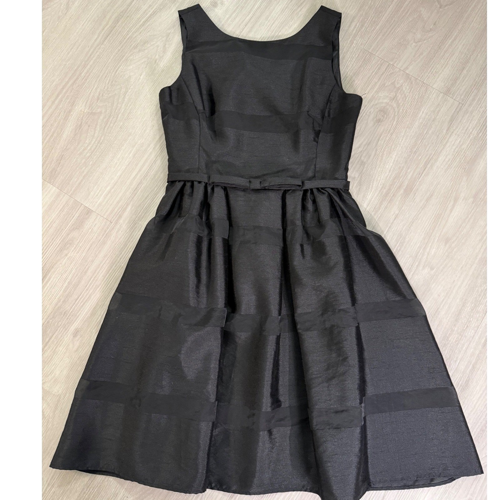 Just Taylor Black Striped Fit Flare Dress Women Size 2 Sleeveless Bow Waist
