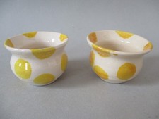 X2 Handmade & Decorated Studio Art Pottery Egg Cups Eggcups ~ Yellow Polka Dots