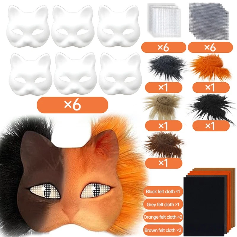 6pcs Halloween Mask Kit Paper Blank Masks Half Face Hand-painted Cat Mask DIY - Image 2 of 4