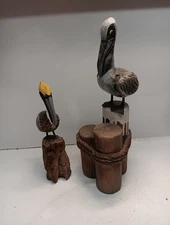  2 Hand Carved & Painted Wood Pelicans On Driftwood / Wooden Pier, 8-12 High