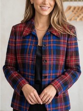 PENDLETON Vintage 100 Virgin Wool Red Blue Tartan Plaid Blazer Jacket Size 14