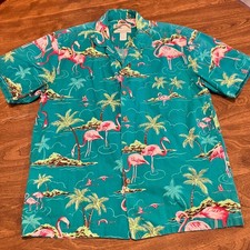 Paradise Found VTG Aloha Shirt Flamingo Palm Tree Hawaiian Button Down Med