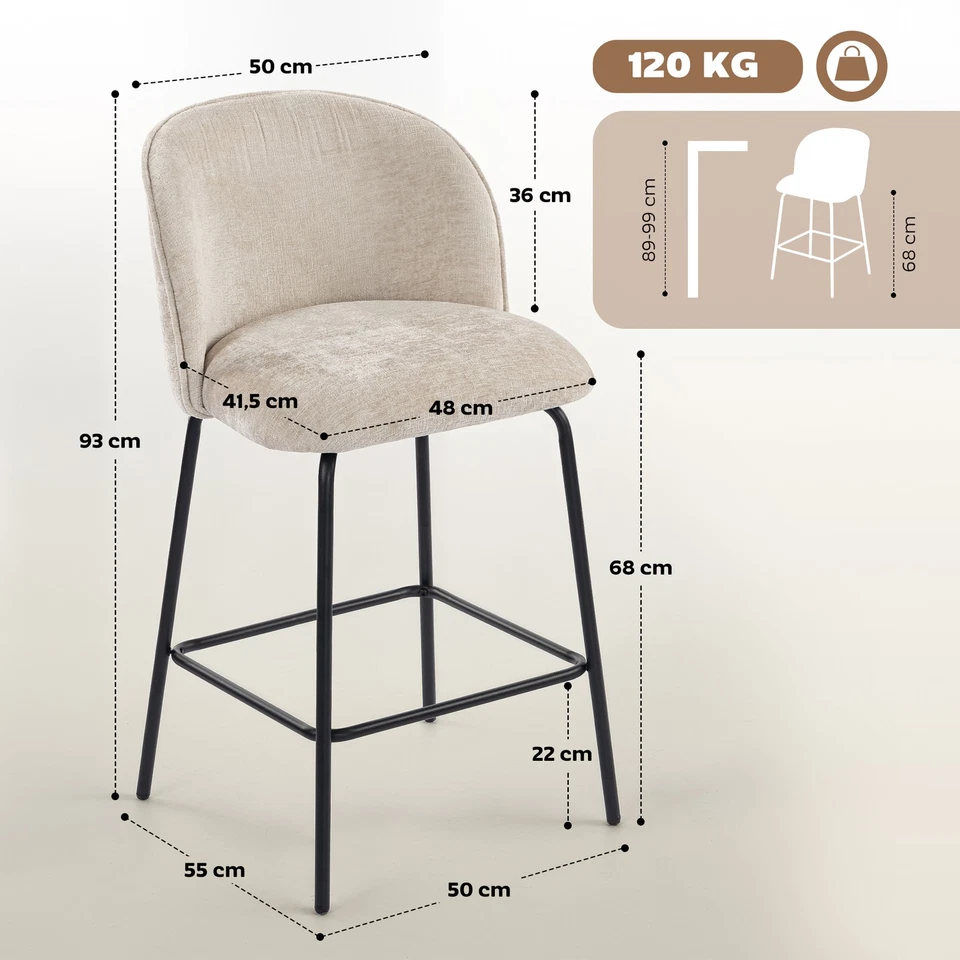 Barhocker 2er Set Barstuhl mit Fußstütze, Lehne, Sitzhöhe 68 cm, Beige - Bild 4 von 4