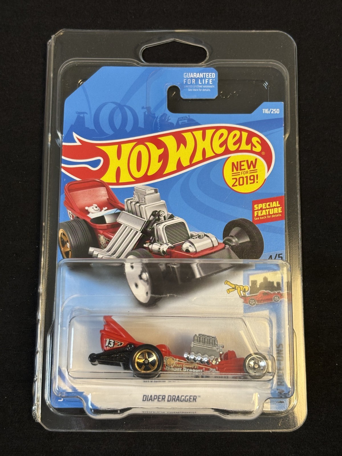 2019 HOT WHEELS DIAPER DRAGGER 116/250 HW RIDE ONS 4/5 RED SPECIAL W/ PROTECTOR