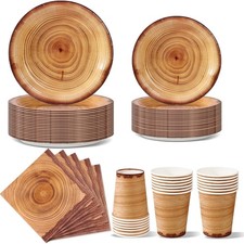 Holzmaserung Partygeschirr Set, 96 Farbige Pappteller, Tassen, Servietten - P...