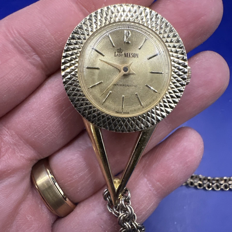 Vtg Lady Nelson Working 1960's Gold Tone Wind Up Pendant Pocket Watch w/Chain - Image 2 of 4