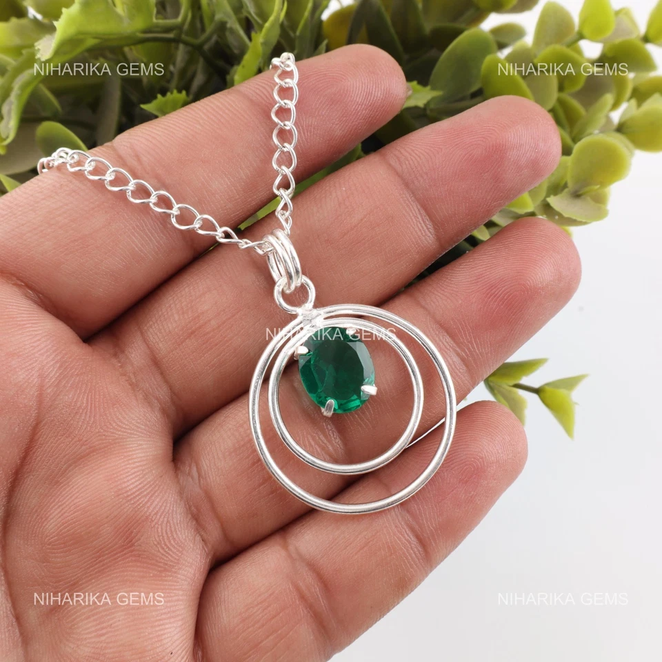 Oval Kunstdiamanten Grün Smaragd Edelstein Neu Jubiläum Wife Anhänger 925 Silber - Bild 3 von 4