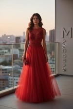New Basix Black Label Dress Red Beaded Sequins Mesh  Party Long Dress SZ 4