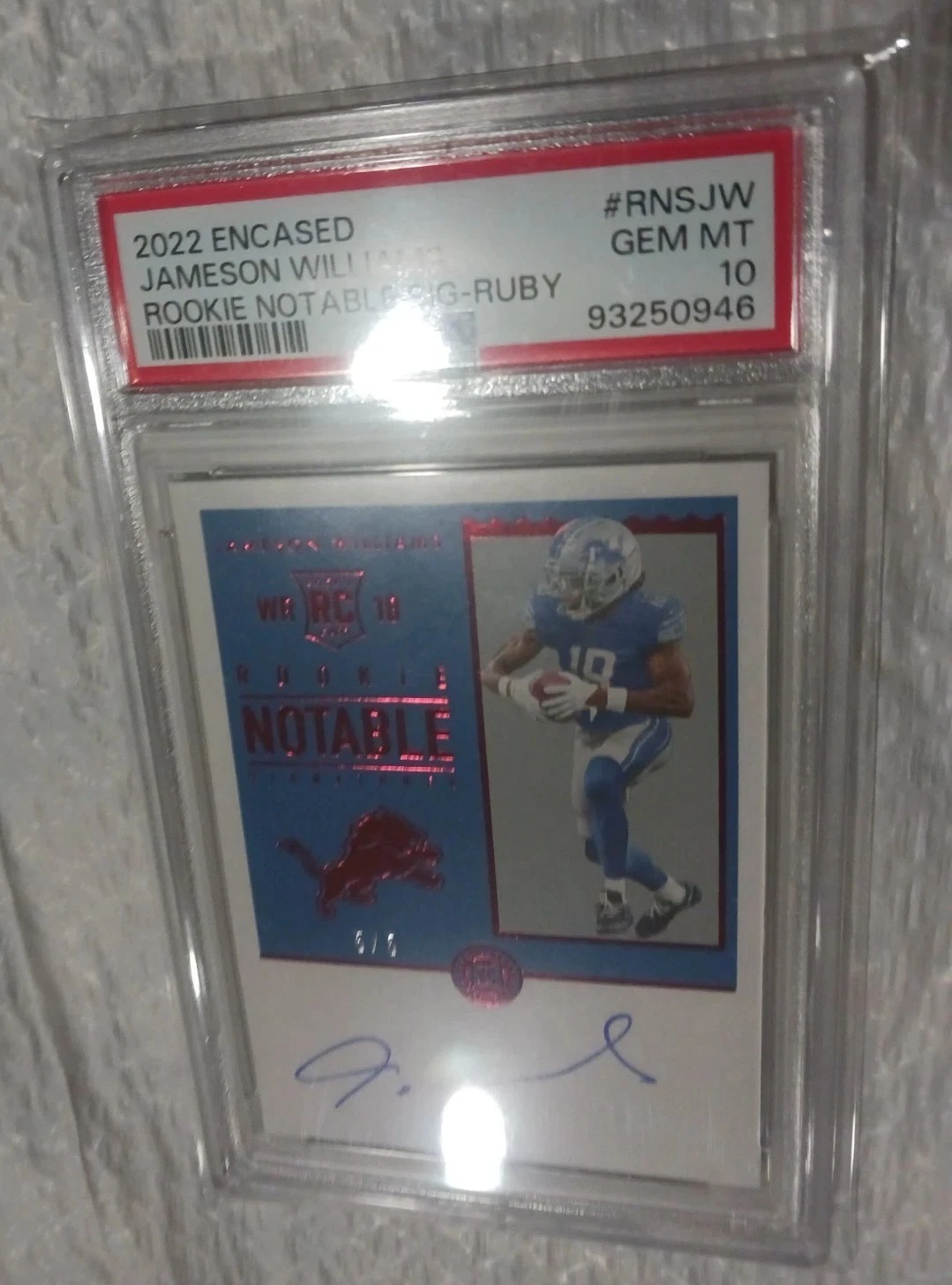 Jameson Williams Panini Encased Rookie Notable Signatures #RNSJW Ruby
