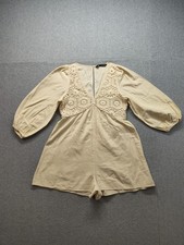 ZARA Women Romper S Beige V Neck Puff Sleeve Front Knit Casual Summer Wear