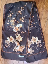 Olga Greco Scarf Tan With Brown Orange Floral Bouquet Hand Rolled 53x12 inches