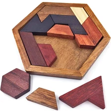 Hexagon Tangram Puzzle Wooden Brain Puzzles for Kids & Adult Challenge Wooden
