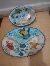 Vintage Aquatic Sea Life Chip And Dip 2 Pc Platter Set By Art By Carla Strano 