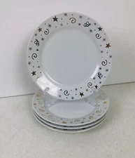 4 PAMPERED CHEF 8" APPETIZER DESSERT PLATES Gold and White Party