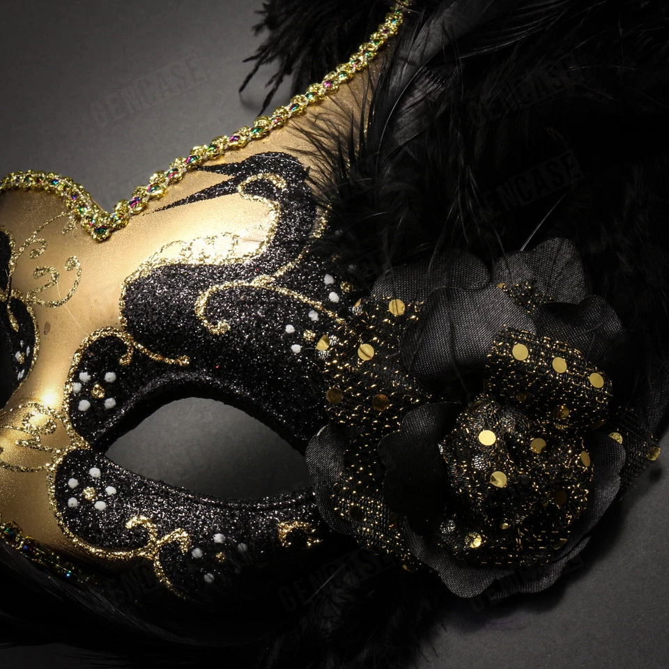 Gold Venetian Elegance Black Side Feather Glitter Masquerade Women Party Mask - Image 4 of 4