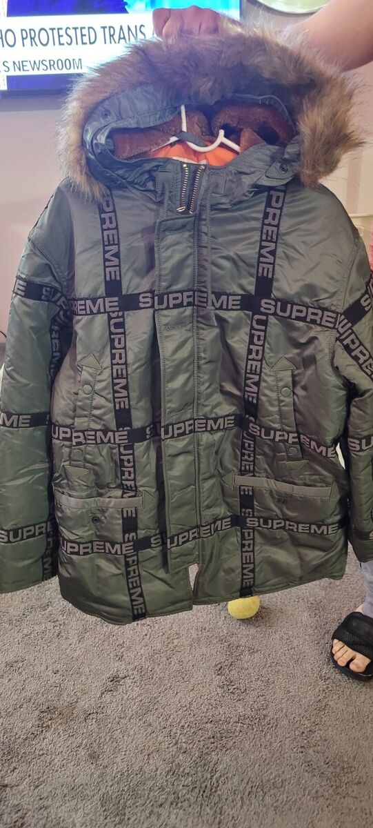 Supreme Logo Tape N-3B Parka Military Khaki Green Hooded Mid Supreme Logo Tape N-3B Parka Military Khaki Green Hooded Mid