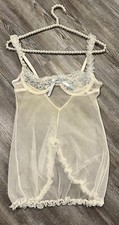 VTG 90 s Fredericks Of Hollywood White Mesh Blue Trim Ruffed Babydoll Dress S