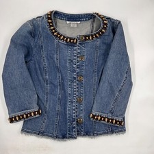 Nine West Womens Jean Jacket Size S Blue Denim Cotton Wood Beads Cropped