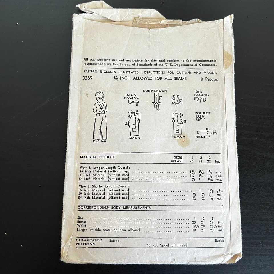 Vintage 1940s Advance 3269 Toddler Bib Overalls Two Lengths Sewing Pattern 2 CUT - Image 4 of 4