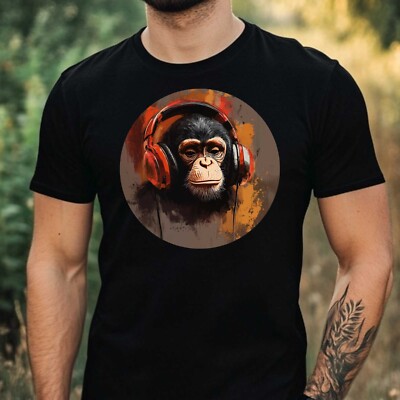 Men's Monkey with Headphone Print Cotton T-Shirt Size XS to 5XL