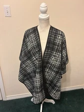 Eivissa Blanket Open Front Fleece Plaid Poncho Black White Washable One Size