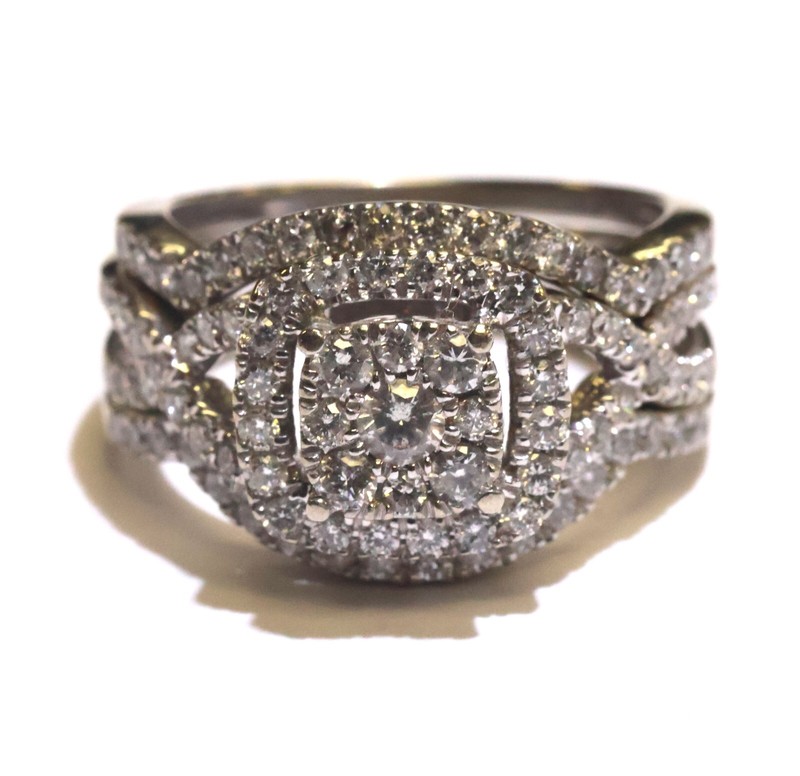 10K white gold halo 1.32ct SI2 diamond engagement ring 2 wedding bands set 6.8g