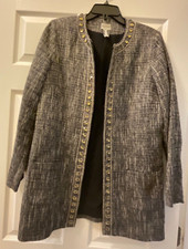 Chicos 1 Tweed Blazer Jeweled Neckline Jacket Pockets Tunic Length Size M/8