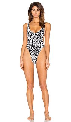 NORMA KAMALI Marissa PYTHON One Piece Plunge Back Swimsuit Hi-Cut Swim Cream XS