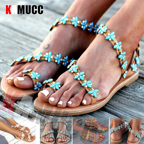 Sommer Boho Pearl Sandalen Damen Strand Sand Urlaub Schuhe Leder flach Übergröße - Bild 13 von 23