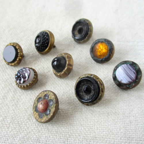 Assortment of 9 Waistcoat Buttons, Glass on Brass