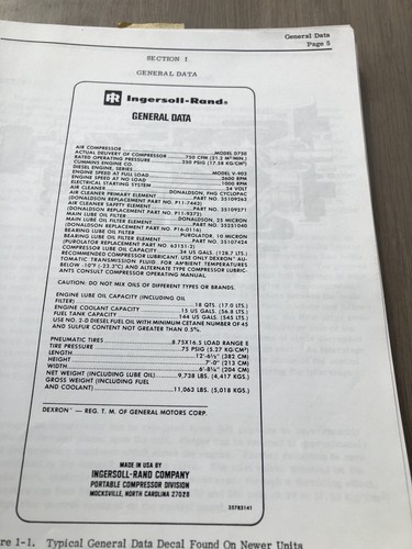 COMPRESOR DE AIRE PORTÁTIL INGERSOLL RAND D750 PIEZAS DE MANTENIMIENTO MANUAL - Imagen 2 de 5