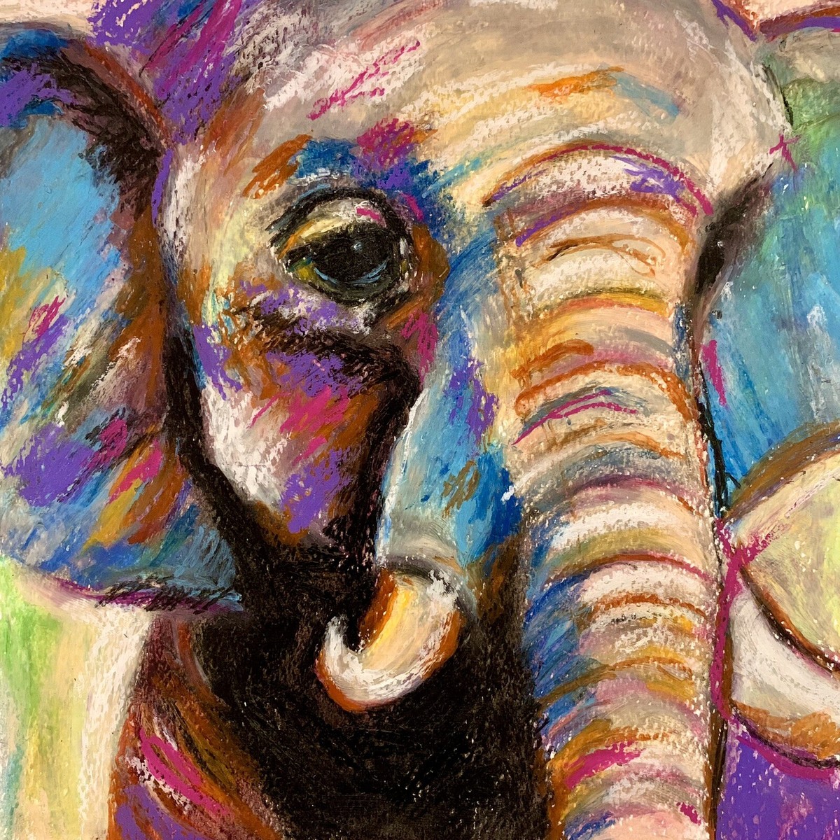 絵画  ｜手描き｜油絵 ｜オリジナル ｜象 ｜ELEPHANT Portrait Of Elephant. Original oil pastels art. Size 8.3”x8