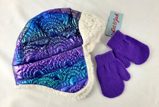 NEW Cat  Jack Toddler Girls Iridescent Hat  Mittens Set Ear Flap 12-24 Months