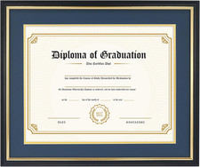 11X14 Diploma Frame with Navy over Gold Mat, 14X17 Certificate Frame, Real Wood