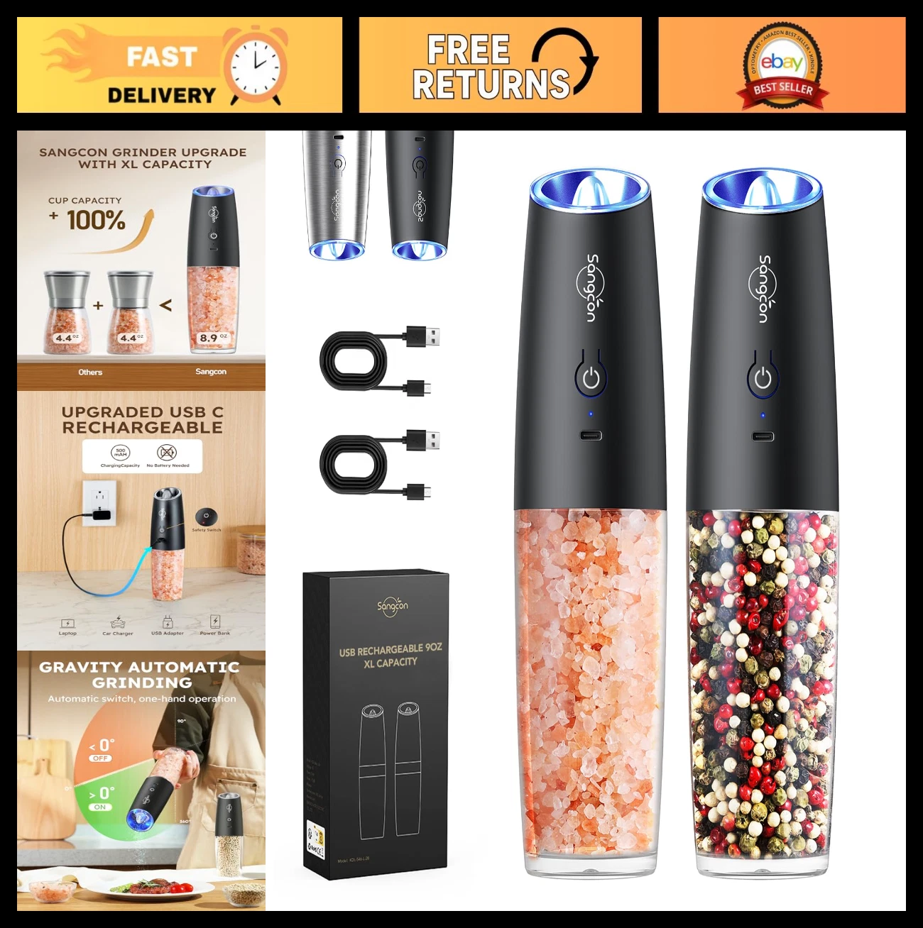 Rechargeable Electric Salt & Pepper Grinder Set - 9oz XL, USB-C, LED Light, One-