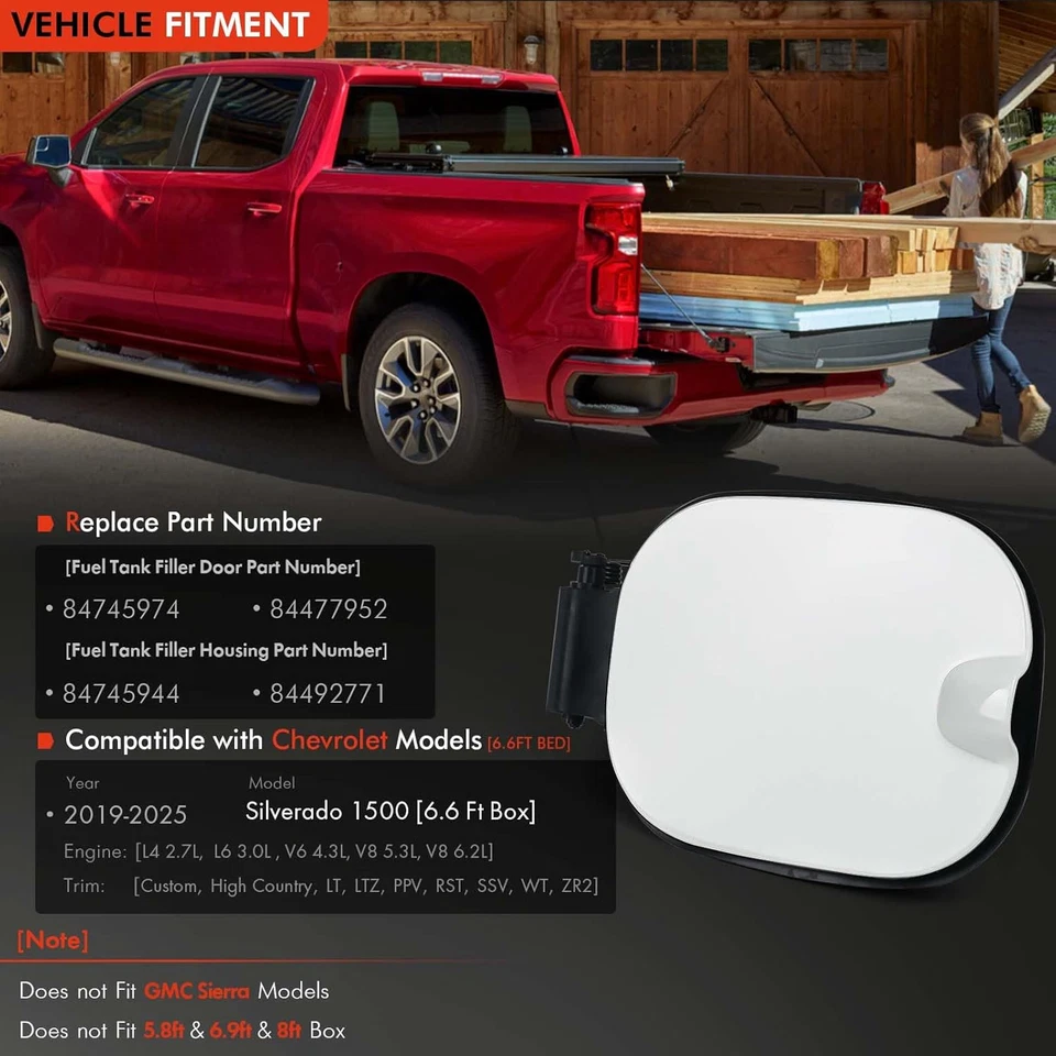 Carcaça de tubo de enchimento de tanque de combustível com tampa porta compatível com Chevy Silverado 1500 2019-20 - Imagem 2 de 4