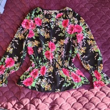 Counterparts Womens Sheer Black Floral Blouse Bell Sleeves Size Medium 