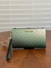 Michael Kors Jet Set Travel LG Double Zip Wallet Ombr  MK Dark Green Multi