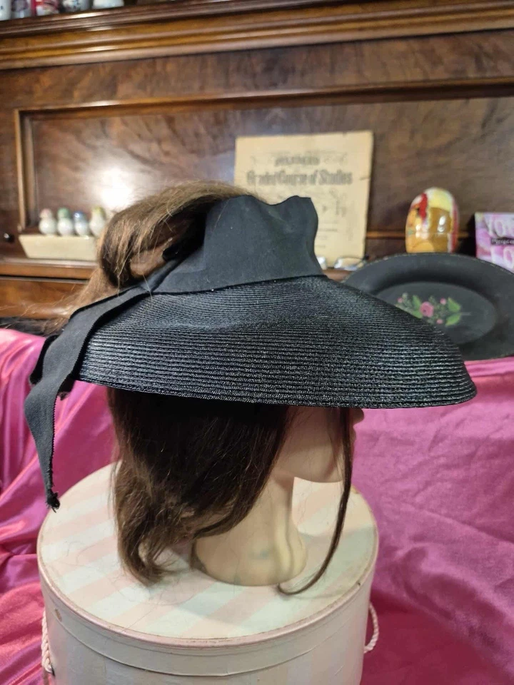 Vintage Hats - Black Straw Open Crown Wide Brim, Gold & White Floral Pillbox Hat - Image 3 of 4