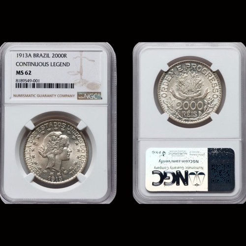 1913-A Brazil 2000 Reis - NGC MS62 - RARE Continuous Legend Variety