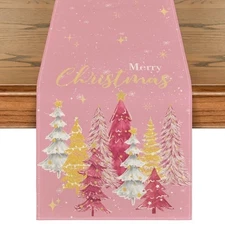  Xmas Trees Merry Christmas Table Runner, Seasonal 13" x 72", Table Runner Pink