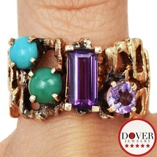 Estate Amethyst Turquoise 14K Yellow Gold Wide Band Ring 8.6 Gram
