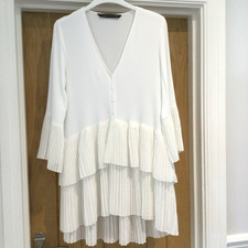 ZARA White Pleated V-Neck 3/4 Sleeve Top Blouse Size EURXS UK6