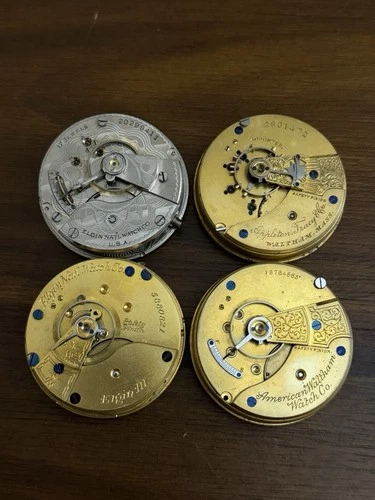 4 Antique Pocket Watch Movements Lot - 18s Elgin Waltham Appleton Tracy 17j 15j