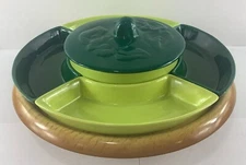 Mid Century Modern Lazy Susan Light & Dark Green Chip & Dip Appetizer Platter