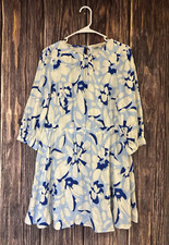 Loft Womens Linen Blend Mini Dress Blue White Floral Long Sleeve Size M